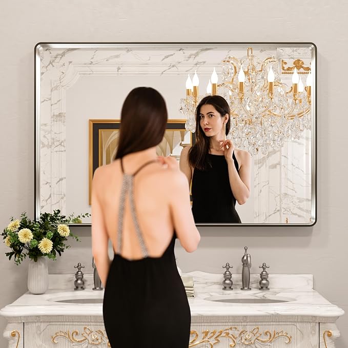 LOAAO 50X30 Inch Brushed Nickel Bathroom Mirror, Rounded Rectangle Silver Metal - Image 2