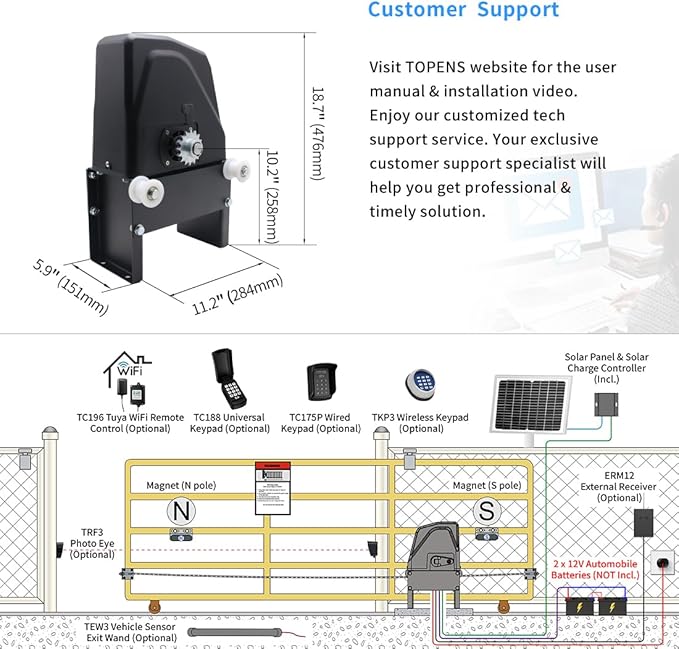 TOPENS DKC1100S Solar Sliding Gate Opener Chain Drive Automatic Gate Motor - Image 6