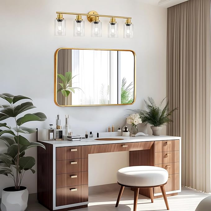 Guliaofo 5-Light Bathroom Vanity Lights, E26 Modern Brushed Gold Bathroom Light - Image 7