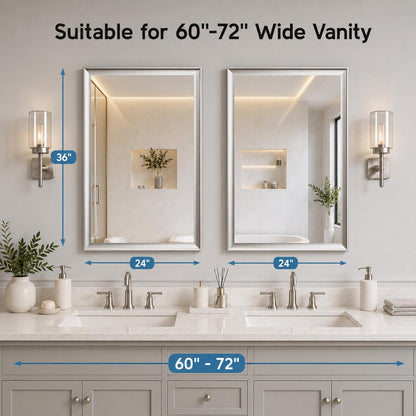 2 Pack Brushed Nickel Bathroom Mirrors 24x36 Inch | Silver Rectangle Vanity Mirror for Bedroom, Entryway, Living Room Decor, Aluminum Framed, Curved Wide Edge, Anti-Rust