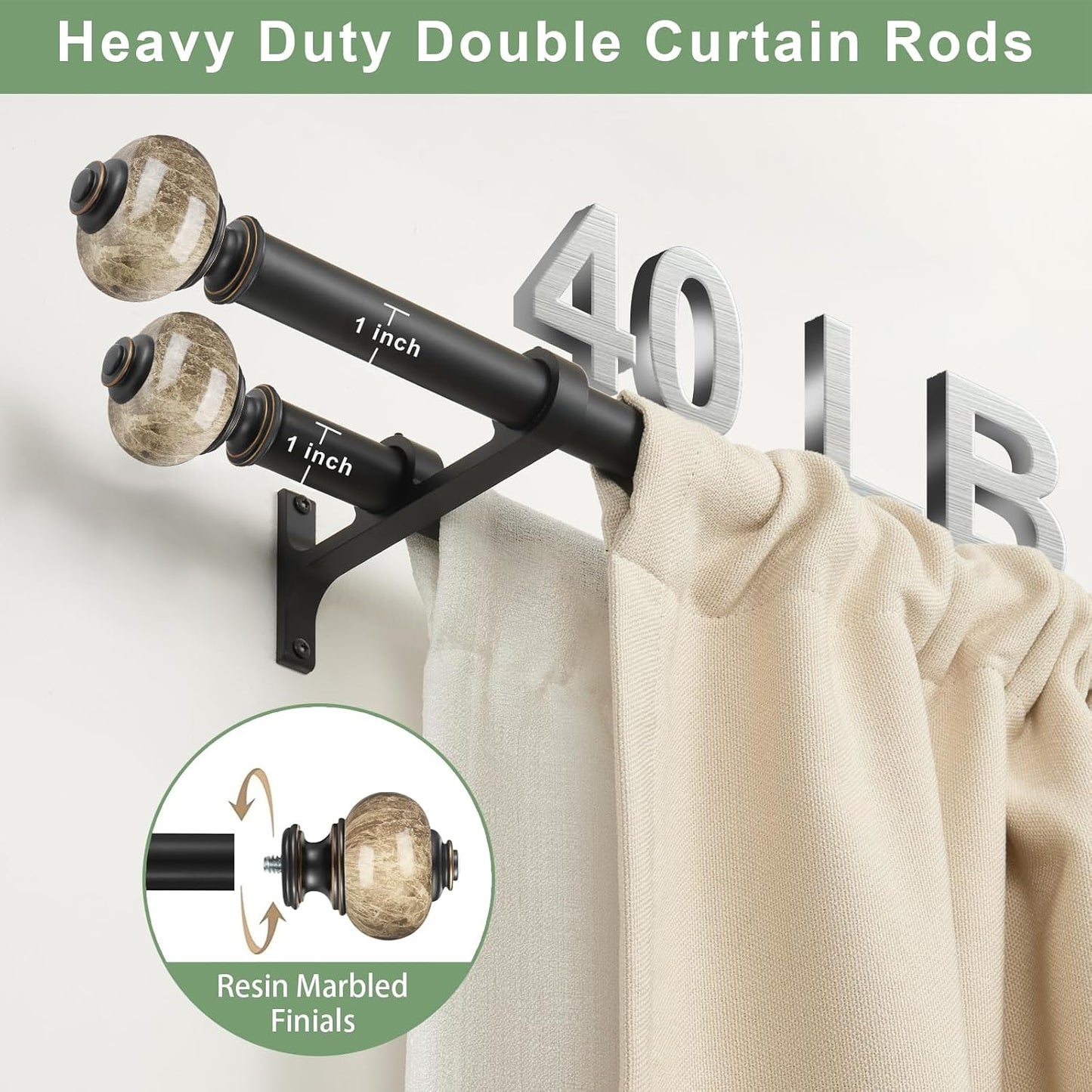 Double Curtain Rods for Window 72-144 Inch(6-12ft), Heavy Duty 1 Inch Front and 1 Inch Back Diameter Telescoping Drapery Rod with Resin Marbled Finials and Aluminum Alloy Brackets, Matte Black