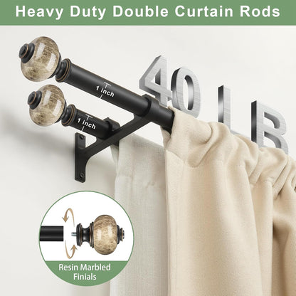 Double Curtain Rods for Window 72-144 Inch(6-12ft), Heavy Duty 1 Inch Front and 1 Inch Back Diameter Telescoping Drapery Rod with Resin Marbled Finials and Aluminum Alloy Brackets, Matte Black