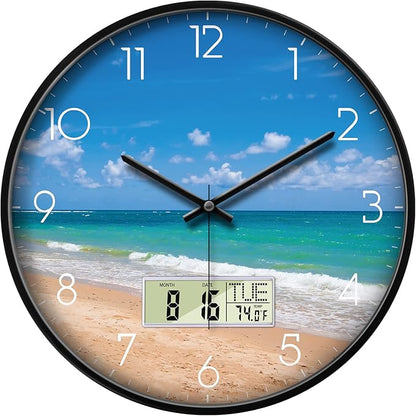 Modern Wall Clocks with Calendar and Date Ocean Wave Sea Beach Digital Clock by SCOAGE