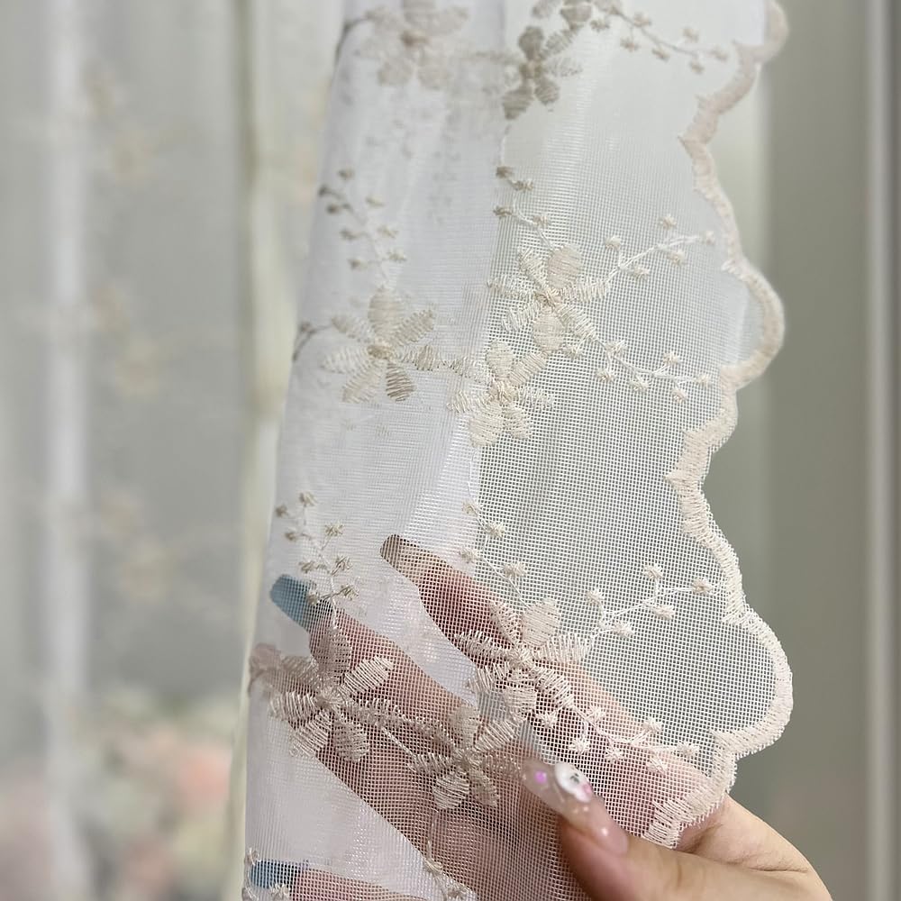 Beige Romantic Little Floral Woven Lace Tie Up Balloon Curtain for Kitchen | Liftable Tier Roman Blind Scallop Edge Lace Cafe Curtain Victorian Drapes for Small Window Balcony Doorway Rod Pocket