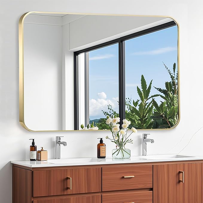 48x30 Inch Gold Bathroom Mirror, Brushed Gold Metal Framed Rectangular Mirror - Image 2