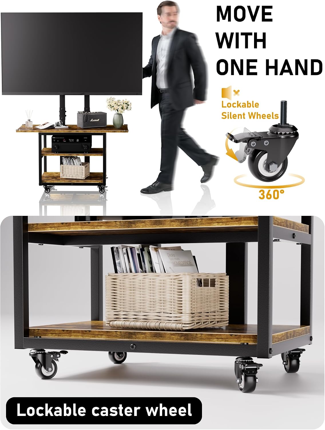 Heavy Duty Mobile TV Cart with 3-Tier Shelves, Height Adjustable Rolling TV S...