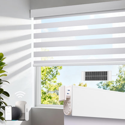No Drill Electric Motorized Zebra Blinds, White 35" W x 72" H | No-drill quick install, 50%-75% blackout, solar panel included, Alexa & Google voice control, with Remote