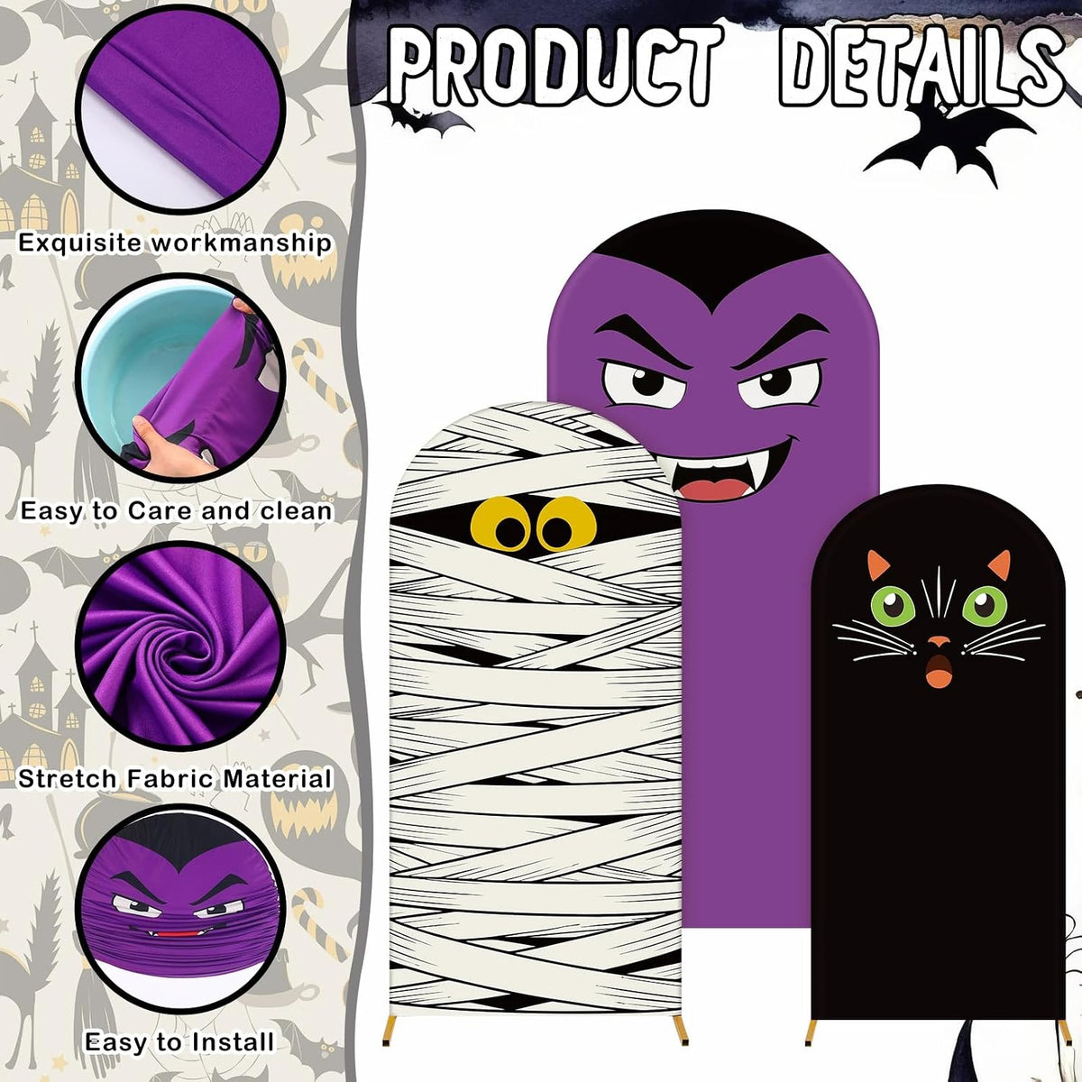 Moukeren 3 Pcs Halloween Black Cat Arch Backdrop Cover, 4ft 5ft 6ft Decor