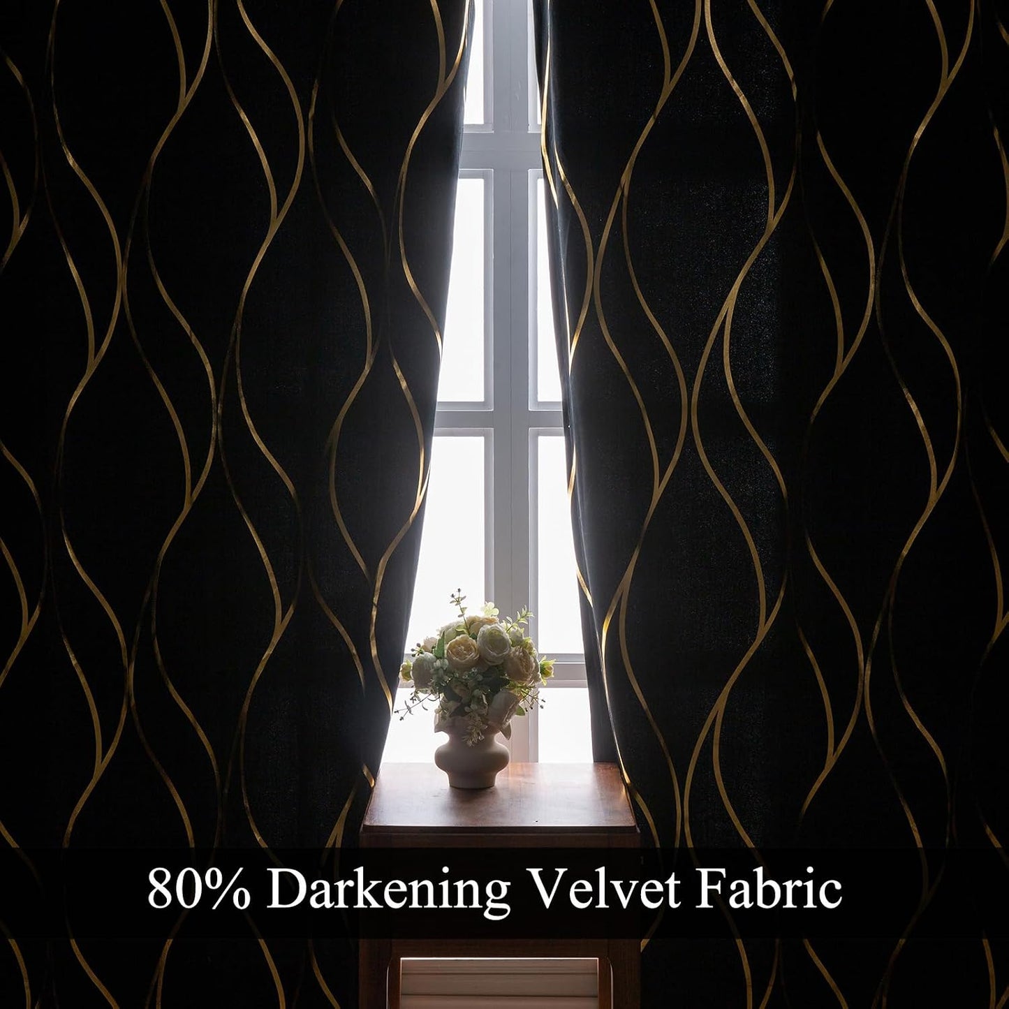 L.Z.E Black Gold Blackout Curtains for Bedroom, Heavy Duty Velvet Curtains 120 Inches Long 2 Panels Set, 80% Room Darkening Curtains for Living Room, Extra Long & Thick Drapes with Gold Pattern