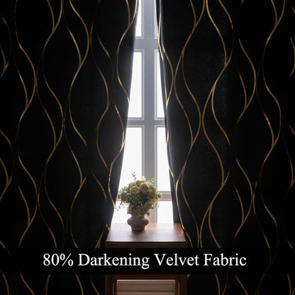 L.Z.E Black Gold Blackout Curtains for Bedroom, Heavy Duty Velvet Curtains 120 Inches Long 2 Panels Set, 80% Room Darkening Curtains for Living Room, Extra Long & Thick Drapes with Gold Pattern