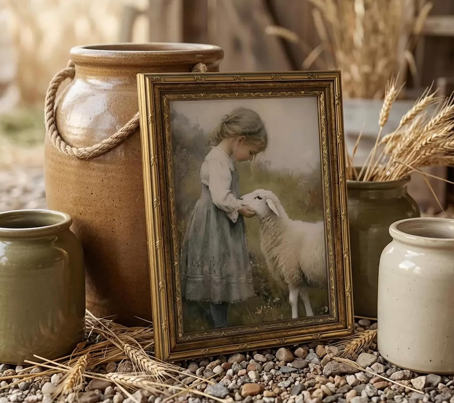 Gold Framed Vintage Aesthetic Girl With Sheep Wall Art Rustic Farmhouse Print Poster Artwork Sheep Cottagecore Wall Decor for Living Room Bedroom Bathroom Decoration 9x11in