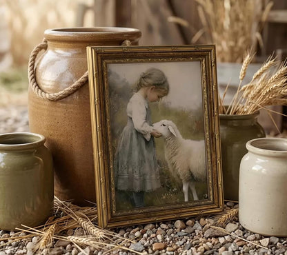 Gold Framed Vintage Aesthetic Girl With Sheep Wall Art Rustic Farmhouse Print Poster Artwork Sheep Cottagecore Wall Decor for Living Room Bedroom Bathroom Decoration 9x11in