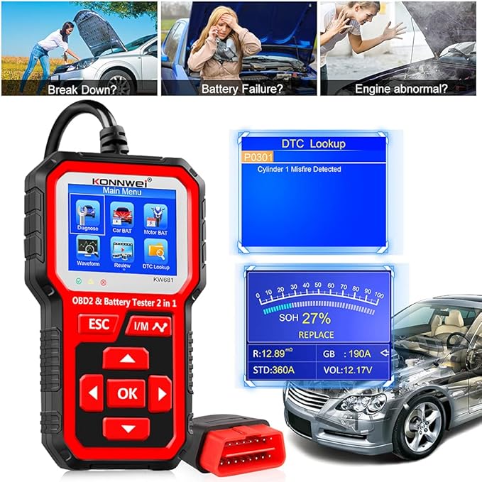 KONNWEI KW681 OBD2 Scanner 6V 12V Car Battery Tester, 2 in 1 Car Diagnostic - Image 2