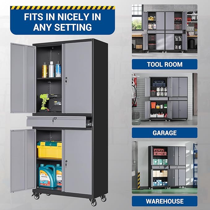 73" Metal Cabinet-Black&Gray Heavy Duty Rolling Storage Cabinet Steel Tool - Image 6