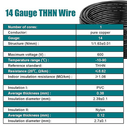 THHN Wire 14 Gauge 50 FT OFC Electrical Wire, 14 AWG Solid Copper Wire Rated up - Image 5