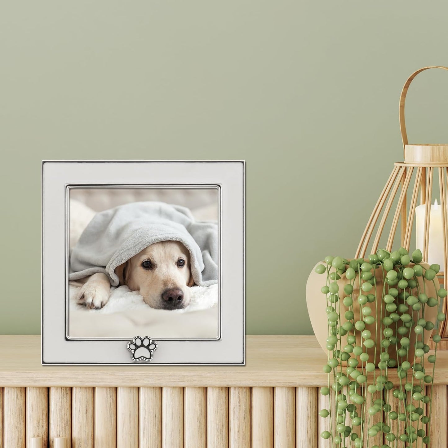4x4 White Enamel on Silver Frame - Paw Print Ornament