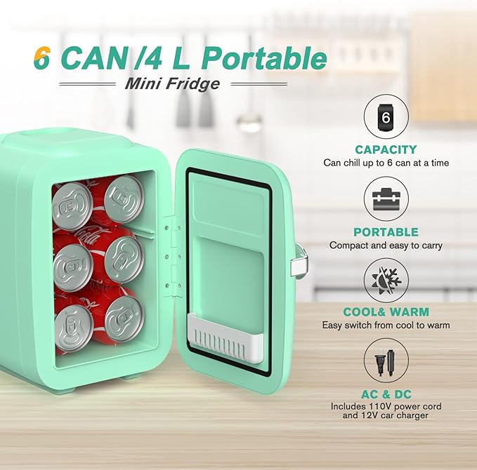 CROWNFUL Mini Fridge, 4 Liter/6 Can Portable Cooler and Warmer Personal - Image 2