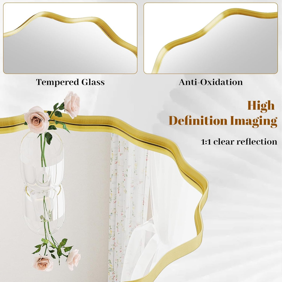 Wavy Round Mirror, 30" Scalloped Metal Frame Gold Circle Mirror | Wall Mounted for Bathroom, Vanity, Entryway, Hallway, Living Room