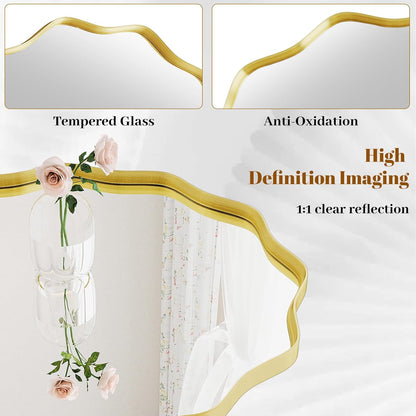 Wavy Round Mirror, 30" Scalloped Metal Frame Gold Circle Mirror | Wall Mounted for Bathroom, Vanity, Entryway, Hallway, Living Room