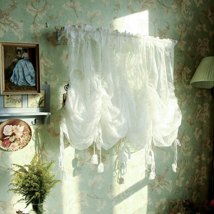 FADFAY Balloon Curtain Adjustable Tie-Up Off White Lace Semi Sheer Window Curtain Shade European Style Embroidered for Living Room Bedroom 1 Panel 78''78''