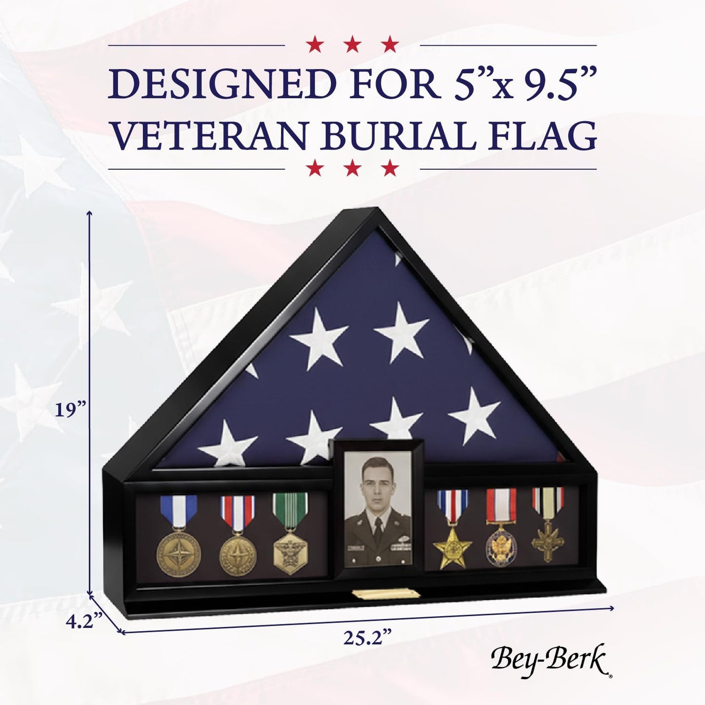 Bey-Berk Personalized American Burial Flag Display Case (Black), Solid Wood Military Shadow Box with Medal Display, 4" x 6" Photo Frame and Glass Front, Fits 5' x 9.5' Veteran Flag