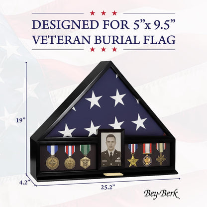 Bey-Berk Personalized American Burial Flag Display Case (Black), Solid Wood Military Shadow Box with Medal Display, 4" x 6" Photo Frame and Glass Front, Fits 5' x 9.5' Veteran Flag