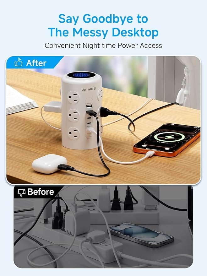 Tower Power Strip with 1 Dedicated PD 20W Fast-Charging Port, 12 Outlets - Image 3