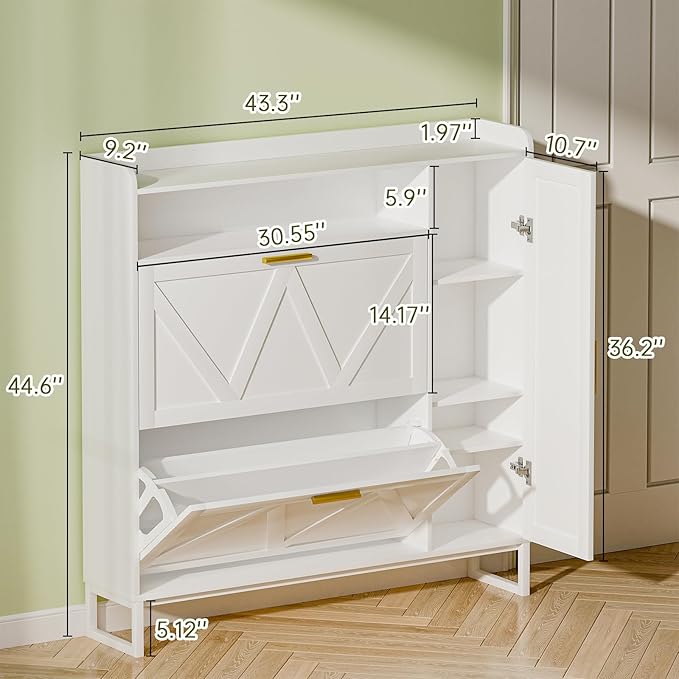 White Shoe Cabinet with 2 Flip Drawers Door, Adjustable Shelves, Narrow Shoe - Image 2