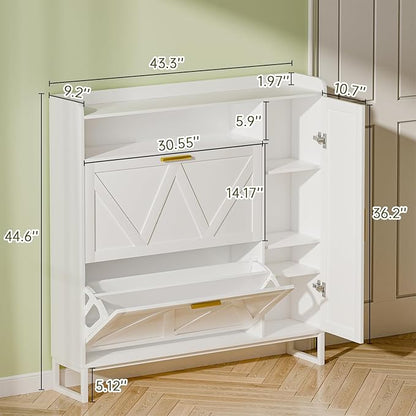 White Shoe Cabinet with 2 Flip Drawers Door, Adjustable Shelves, Narrow Shoe - Image 2