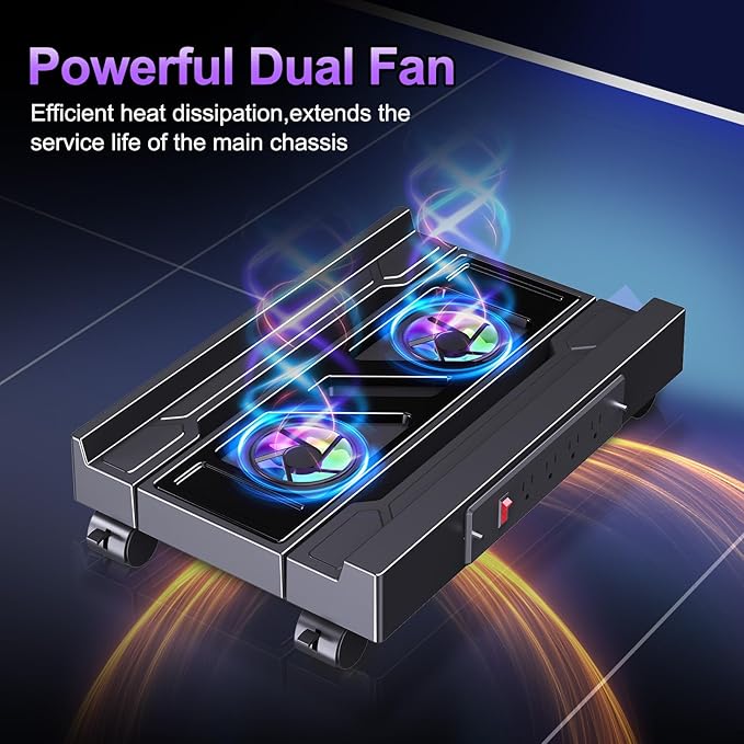 Computer Tower Stand with Charging Station, Cooler Fan and Light, Adjustable PC - Image 3