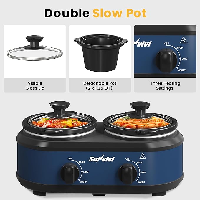 Sunvivi Double Slow Cooker, 2 Removable Pots Small Mini Crock Buffet Server and - Image 4