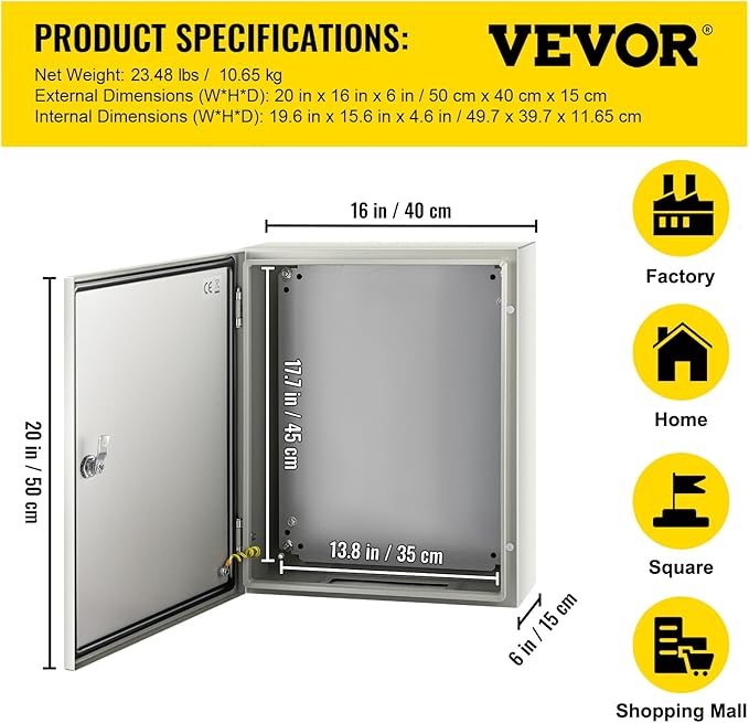 VEVOR NEMA Steel Enclosure, IP66 Waterproof & Dustproof, Outdoor/Indoor - Image 7