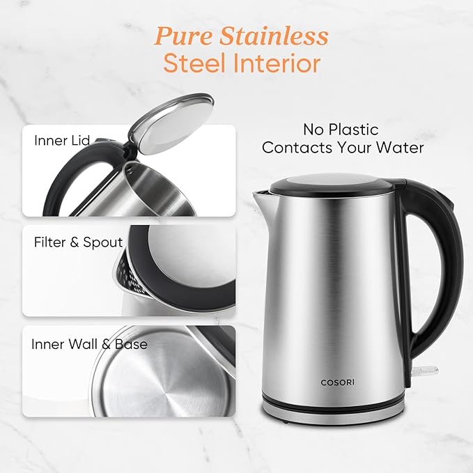 Cosori Electric Kettle, No Plastic Inner Lid, Filter & Spout, Stainless Steel - Image 2