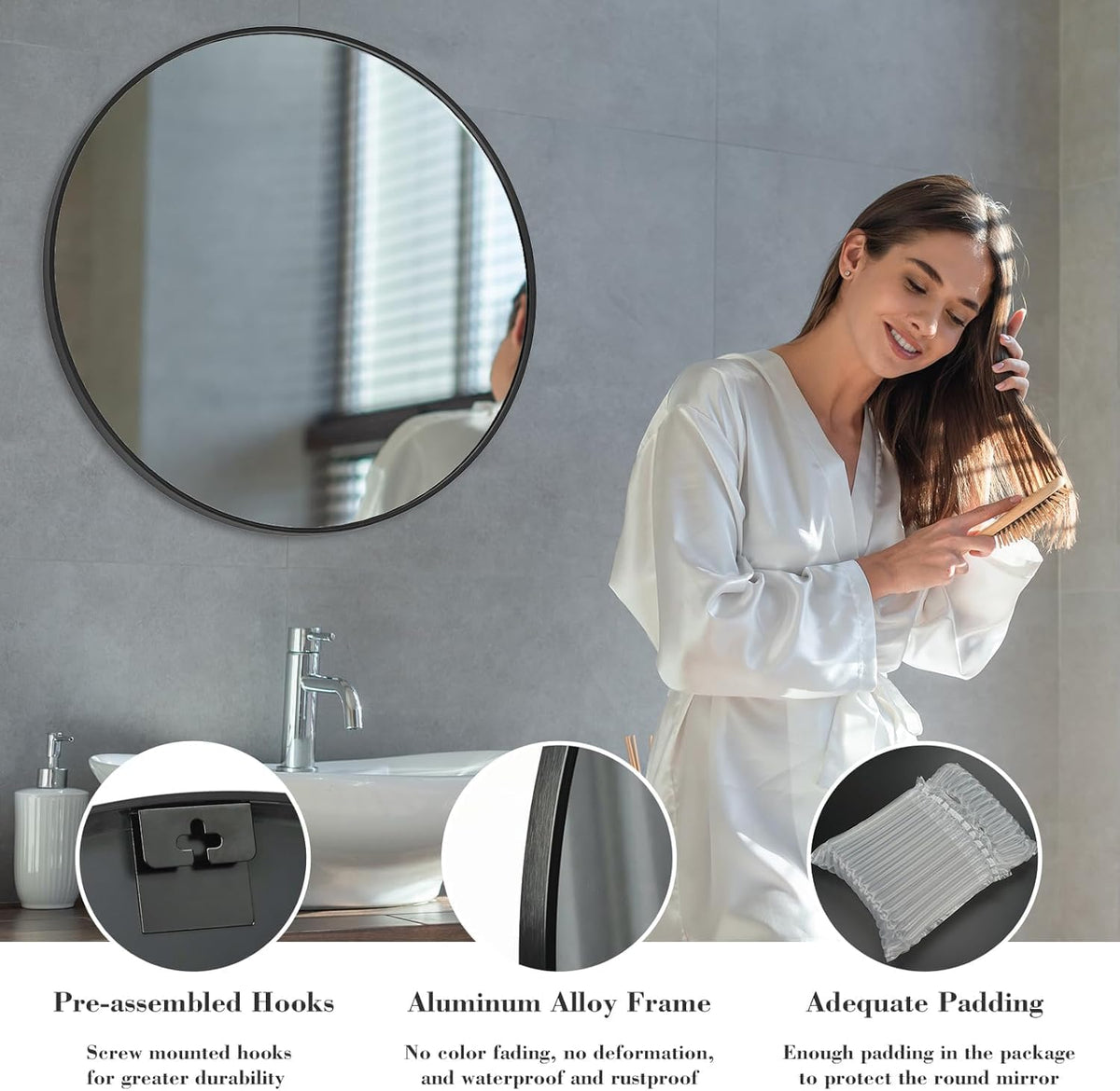 Simple Deluxe 36 Inch Round Bathroom Mirror, Black Vanity Mirror with Metal Frame, Modern Circle for Bathroom, Entryway, Bedroom, Living Room, Wall Mounted Decorative Mirrors (Black)