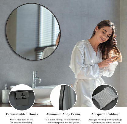 Simple Deluxe 36 Inch Round Bathroom Mirror, Black Vanity Mirror with Metal Frame, Modern Circle for Bathroom, Entryway, Bedroom, Living Room, Wall Mounted Decorative Mirrors (Black)