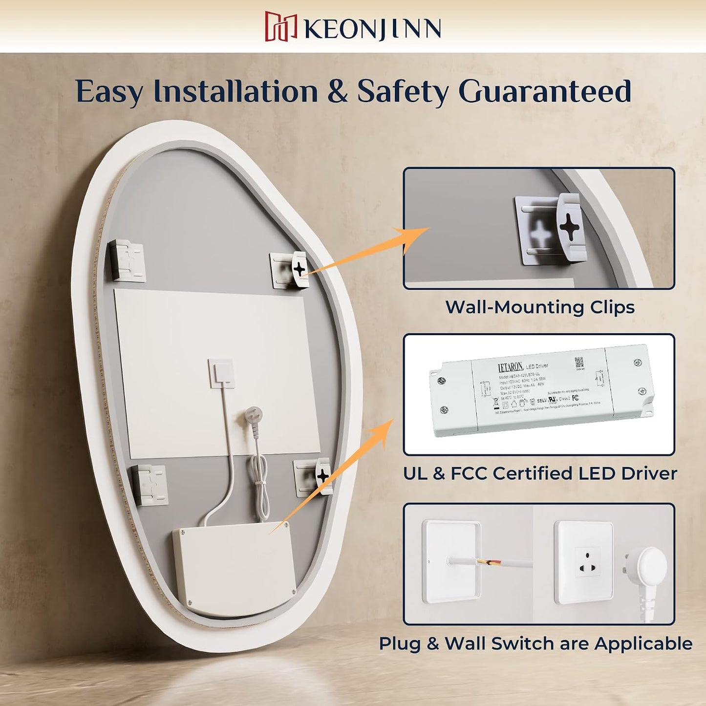 Keonjinn 24 x 36 Inch Irregular Bathroom Mirror with Lights, Tempered Glass | Asymmetrical Backlit Mirror, Stepless Dimmable with 3 Colors, Fast & Safe Defogging, Memory Function, Horizontal/Vertical