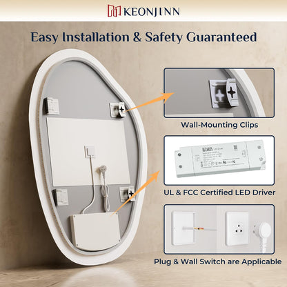 Keonjinn 24 x 36 Inch Irregular Bathroom Mirror with Lights, Tempered Glass | Asymmetrical Backlit Mirror, Stepless Dimmable with 3 Colors, Fast & Safe Defogging, Memory Function, Horizontal/Vertical