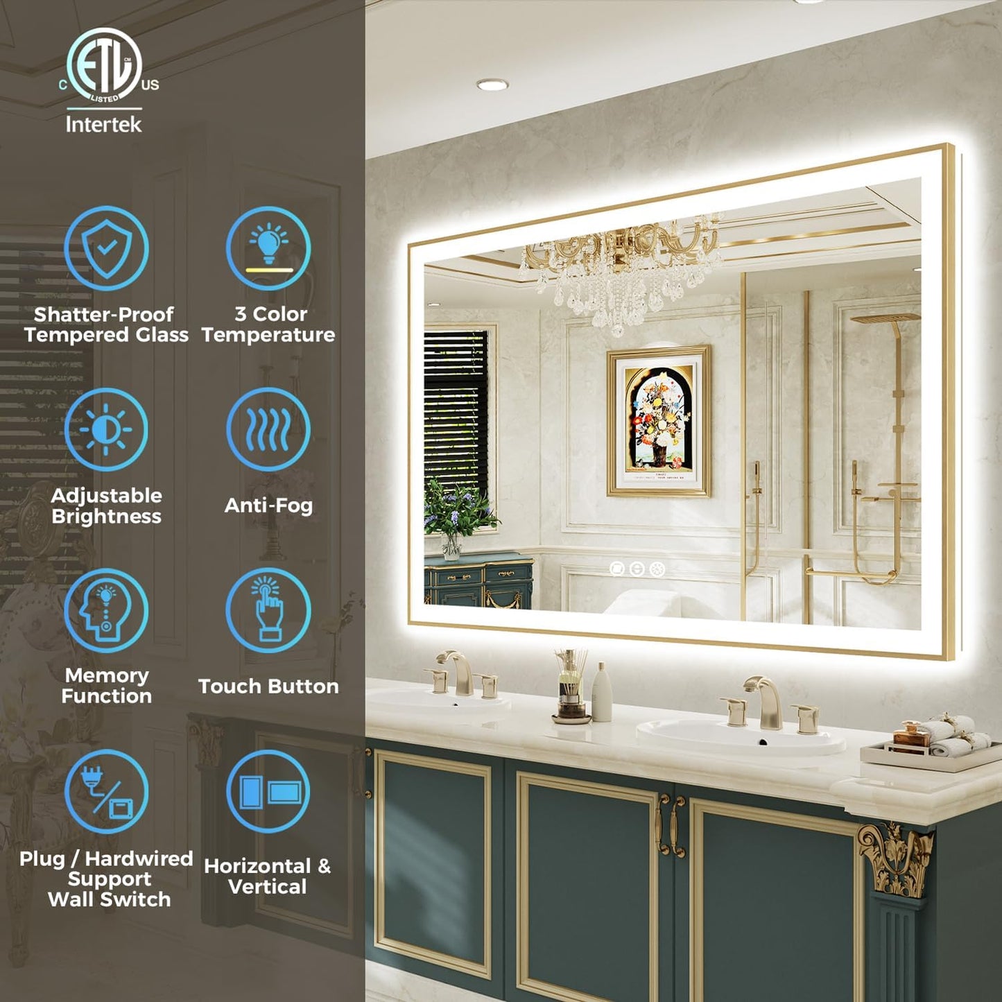 72x40 LED Bathroom Mirror with Lights, Gold Framed Lighted Mirror | Backlit and Front light, Anti-Fog, 3 Color Dimmable, Memory, Tempered Glass, IP54 Waterproof, UL Listed
