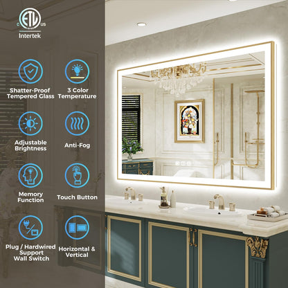 72x40 LED Bathroom Mirror with Lights, Gold Framed Lighted Mirror | Backlit and Front light, Anti-Fog, 3 Color Dimmable, Memory, Tempered Glass, IP54 Waterproof, UL Listed