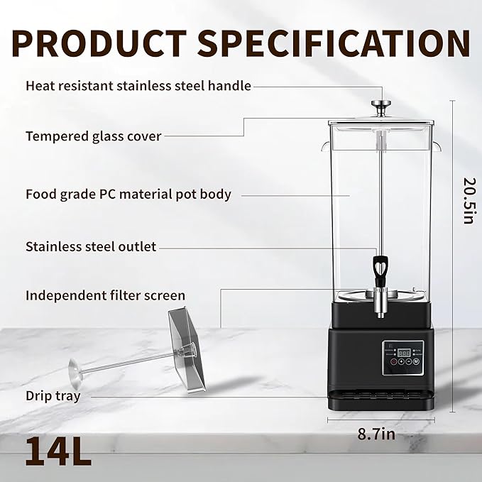 Coffee Urn Commercial Coffee Maker, 14 L 90 Cups, Transparent Electric - Image 3