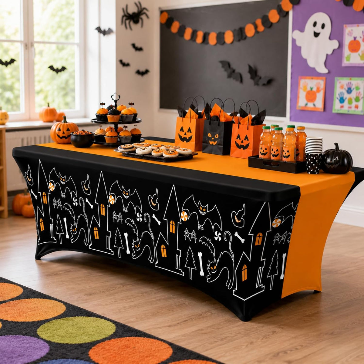 Oudain 2 Pcs Halloween Tablecloth 6 ft Black Orange Table Cover