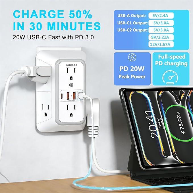 JcBlaon Multi Plug Outlet Surge Protector, Wall Charger - Image 3