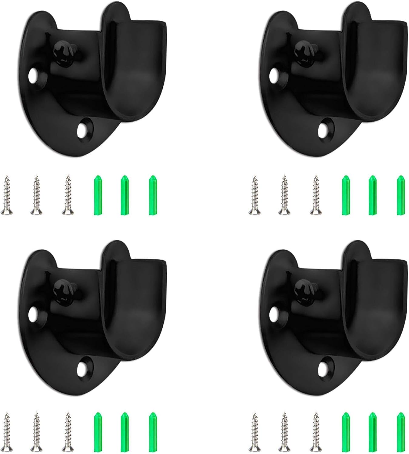 Stainless Steel Closet Rod Bracket 4pcs Heavy Duty Flange Rod Holder 1" & 1-1/4" Diameter Curtain Rod End Supports U-Shaped Wardrobe Rod Bracket Black White with Screws