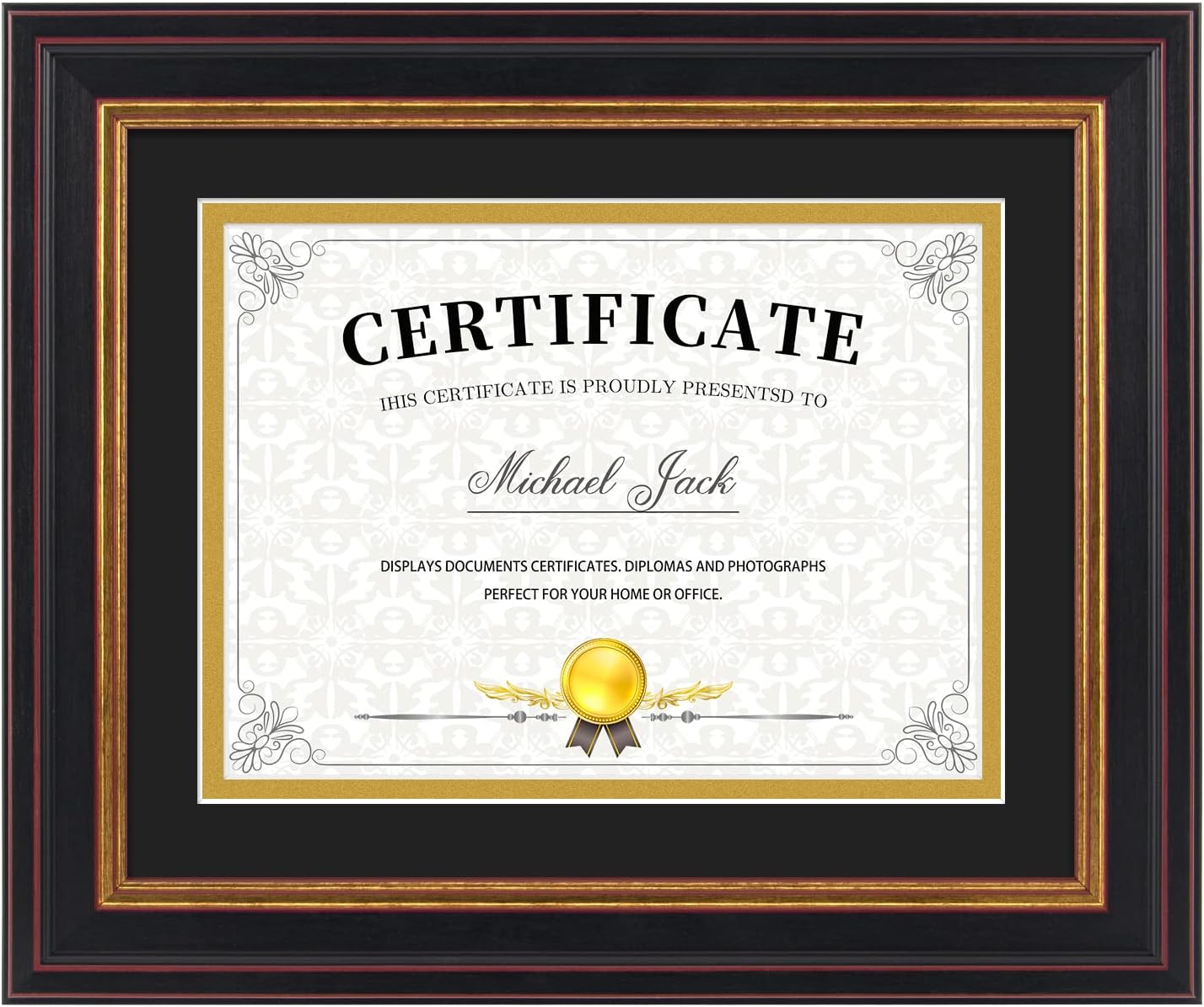 Frametory 6x8 Diploma Frame Black & Gold Mat/8x10 Without Mat Real Glass | Black Gold & Burgundy Color,Double Mat For 6x8, Pictures, Certificates ,Documents,Wall Display, Tabletop, Easel Stand