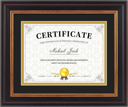 Frametory 6x8 Diploma Frame Black & Gold Mat/8x10 Without Mat Real Glass | Black Gold & Burgundy Color,Double Mat For 6x8, Pictures, Certificates ,Documents,Wall Display, Tabletop, Easel Stand