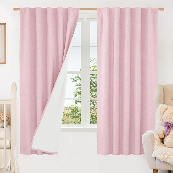 LAMIT Pink 100% Blackout Linen Curtains, 63 Inches Linen Textured Thermal by LAMIT