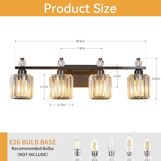 FDPBY Bathroom Vanity Lights 4-Light Plating Black Modern Crystal Vanity Light - Image 5