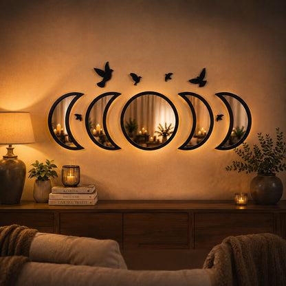 NESHE Moon Phase Mirror Wall Decor Set with Birds | Gothic Witchy Boho Wall Mirror Decor | Scandinavian Aesthetic Home Decor for Bedroom Living Room (Black)