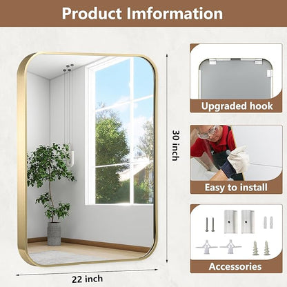 22x30 Inch Gold Bathroom Mirror, Brushed Gold Metal Framed Rectangular Mirror - Image 5