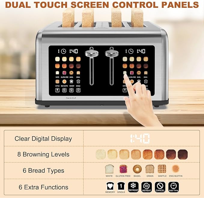 4 Slice Toaster Touch Screen, Stainless Steel Toasters Digital Timer, Dual - Image 2